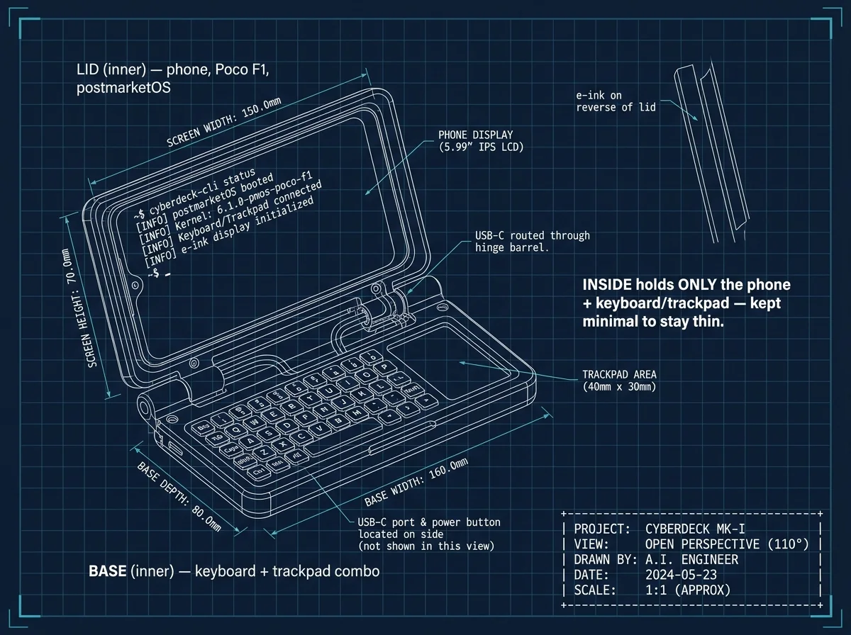 Cyberdeck open, mini-laptop view